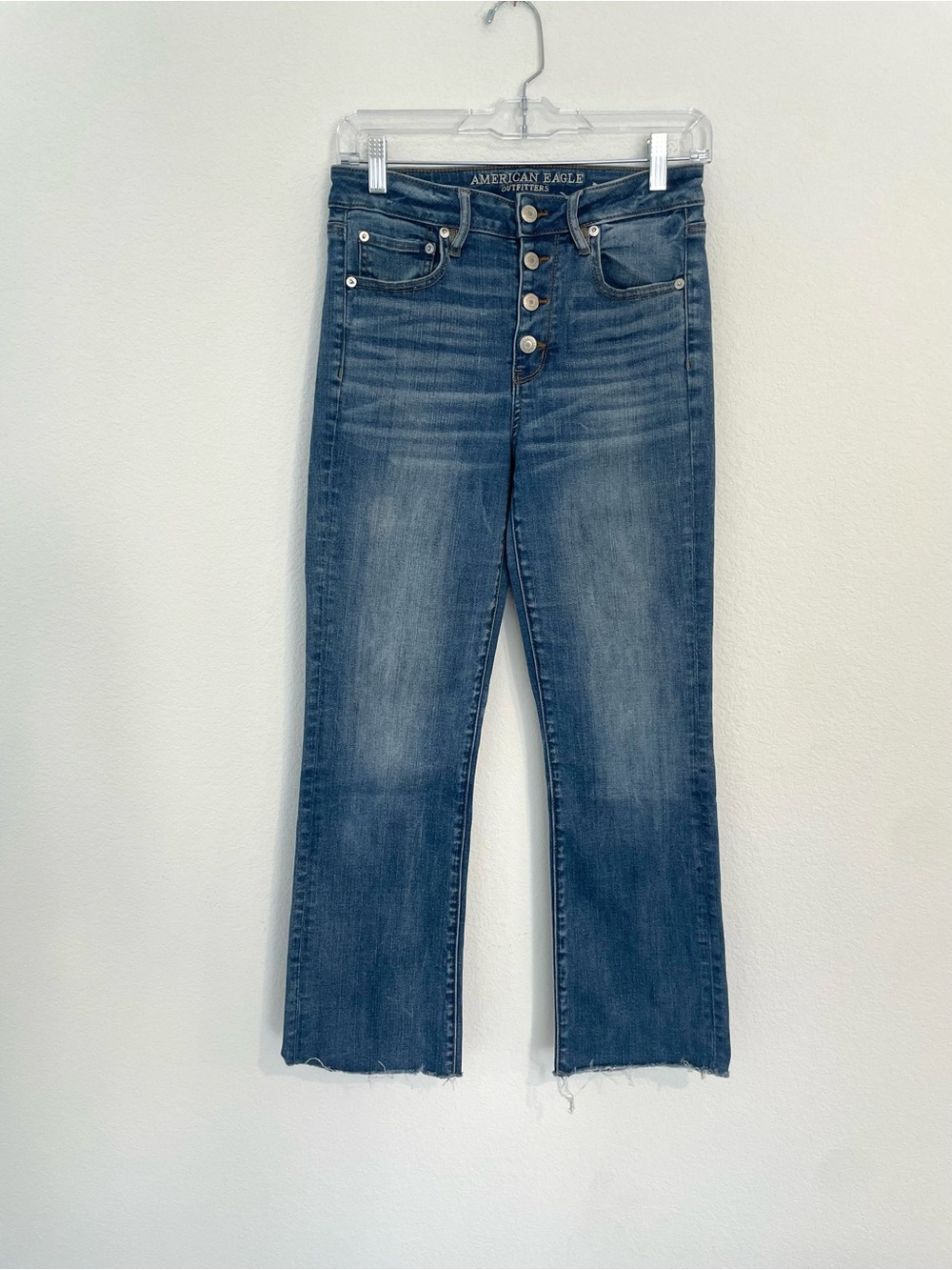 American Eagle Outfitters High-Rise Crop Flare Button-Fly Blue Jeans